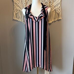 Striped Ruffle Mini Dress - Black, Pink, White
